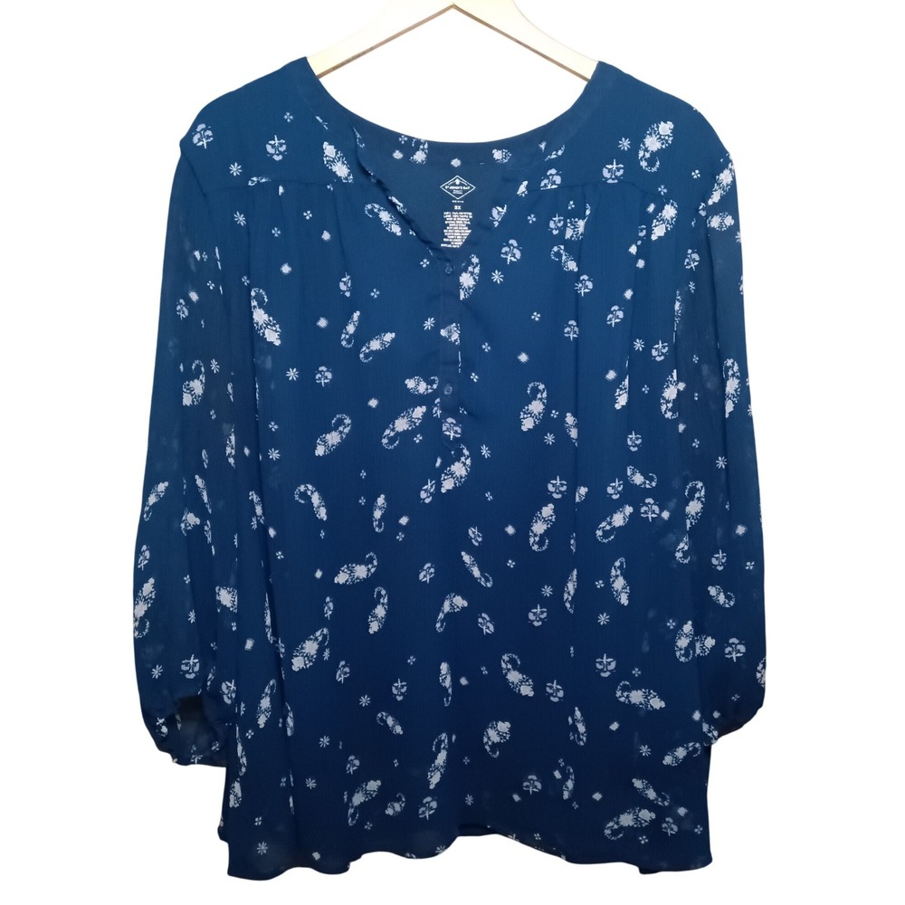 St Johns Bay Women's‎ 3X Blue Floral Print Long Sleeve Sheer Lined Blouse Top